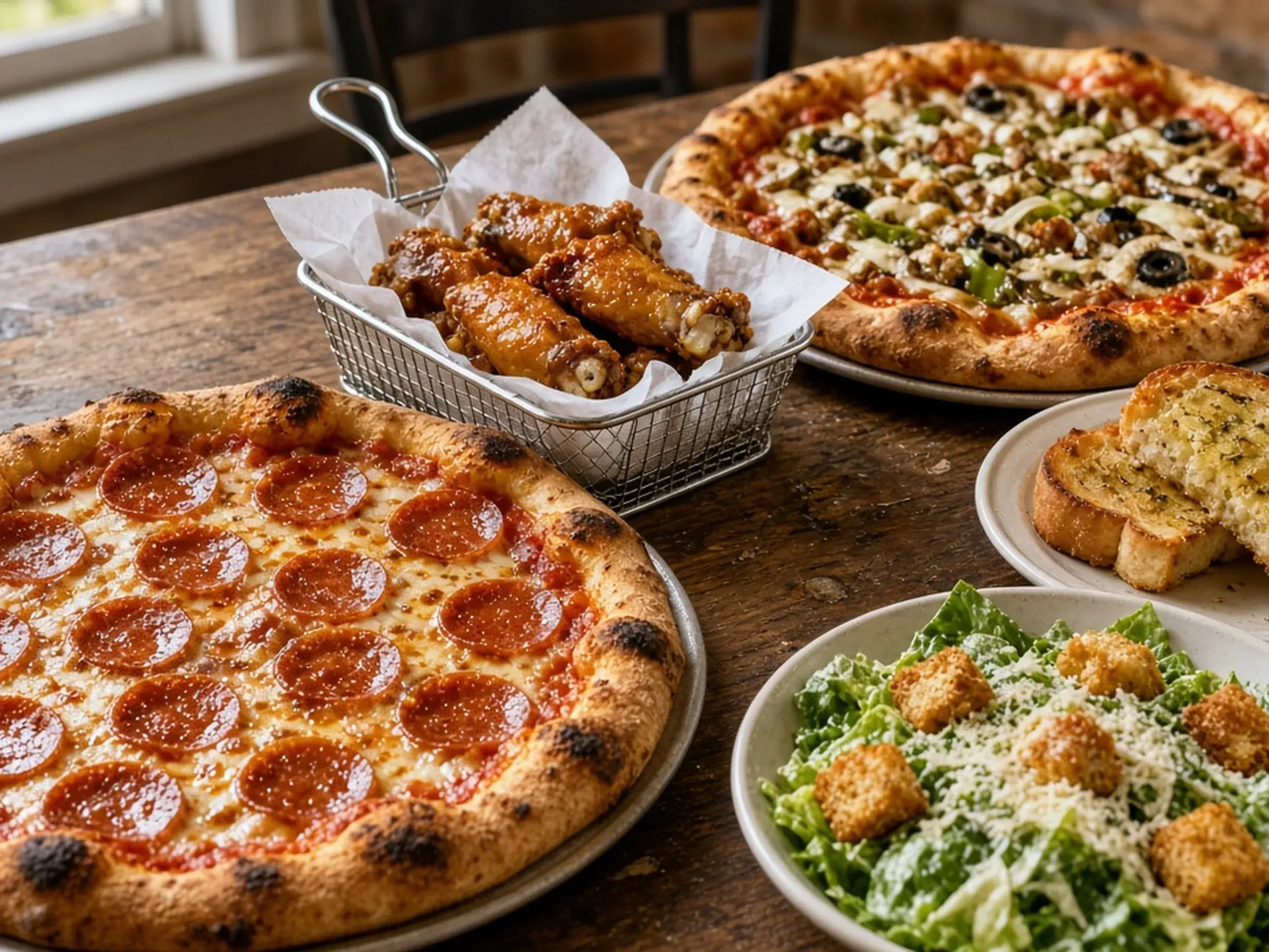 Pepperoni pizza, loaded pizza, wings, garlic toast and Caesar salad