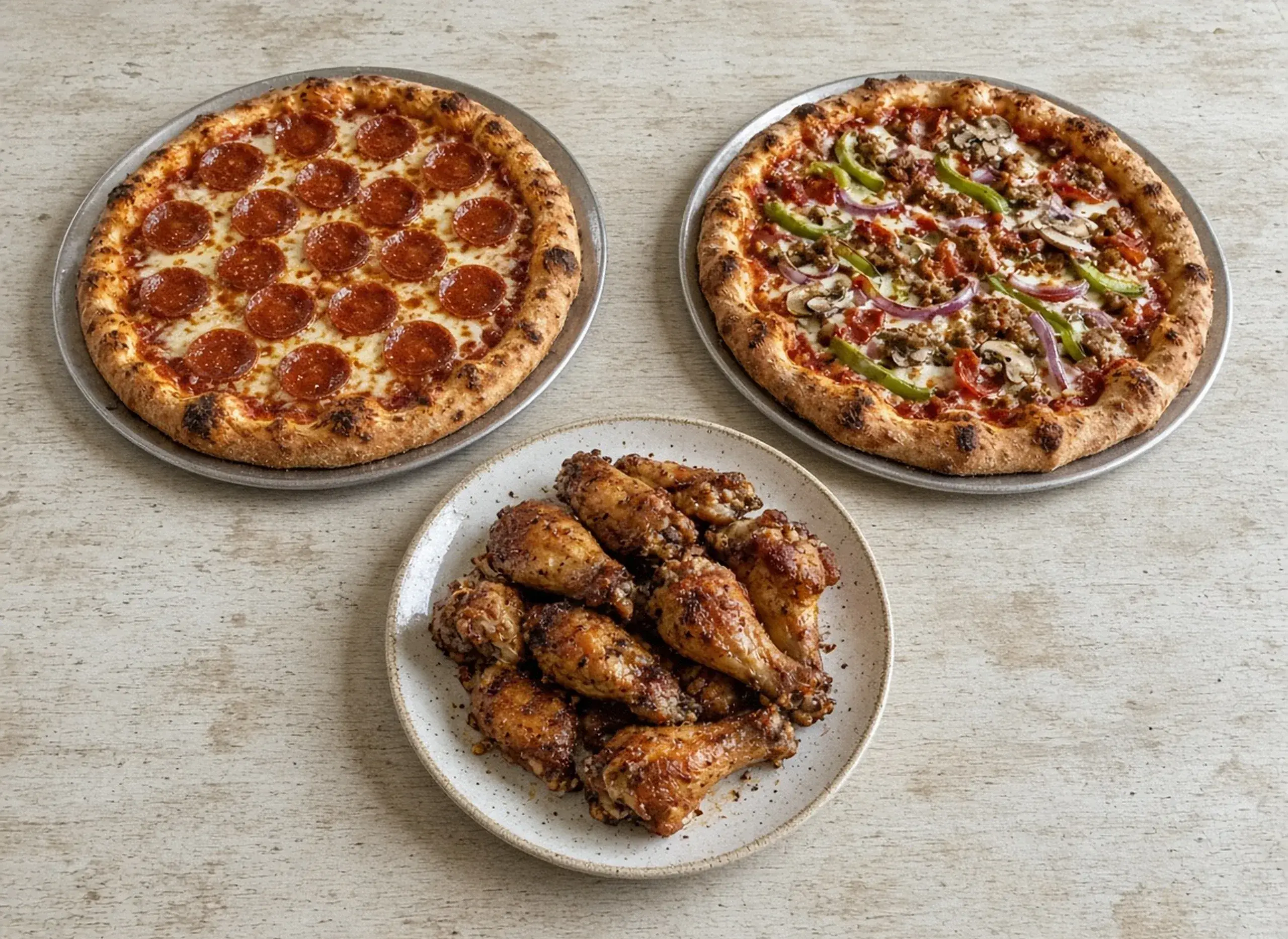 Two pizzas and chicken wings combo