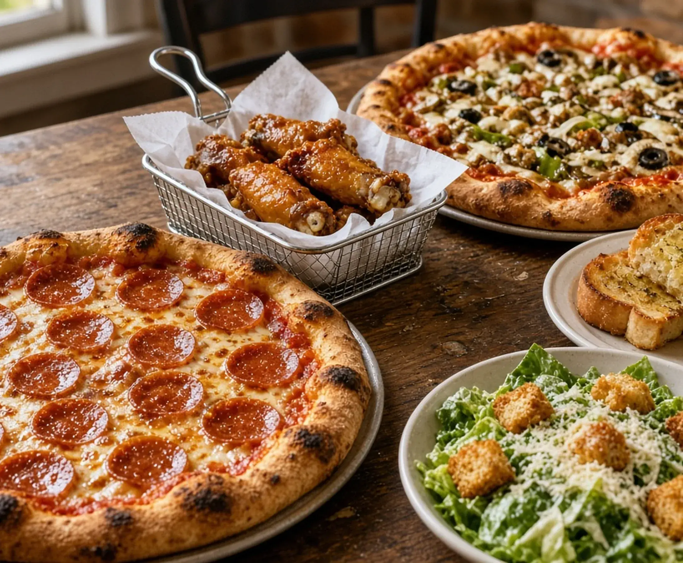 Pizza, wings, garlic toast and Caesar salad spread