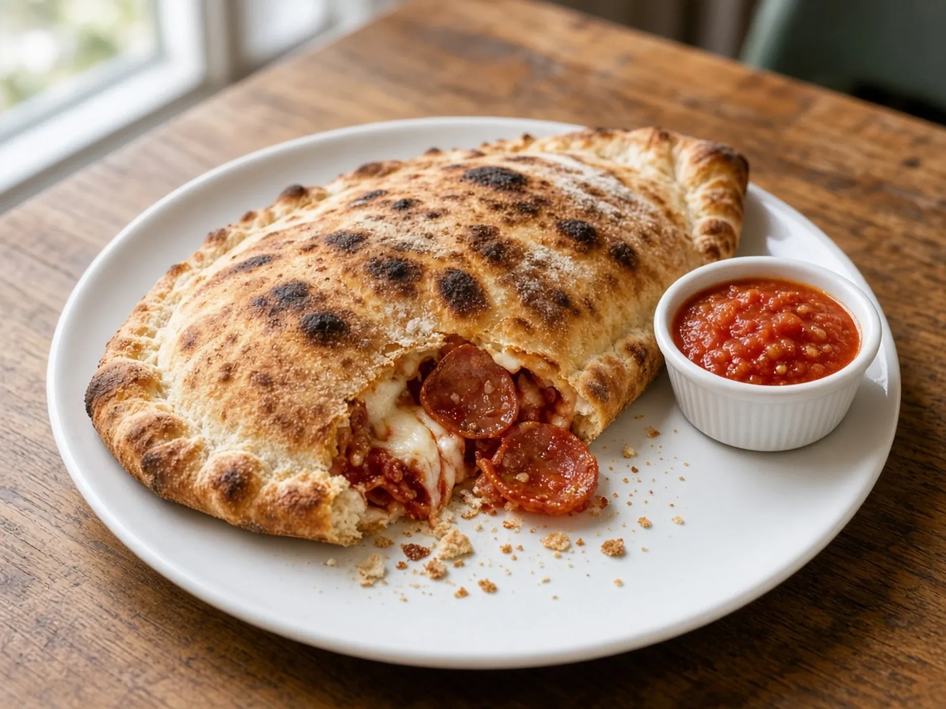 Baked calzone with tomato dipping sauce