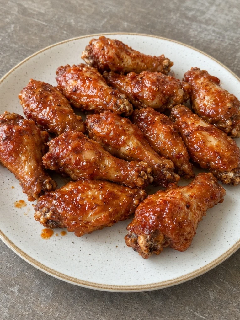 Sauced chicken wings on a plate