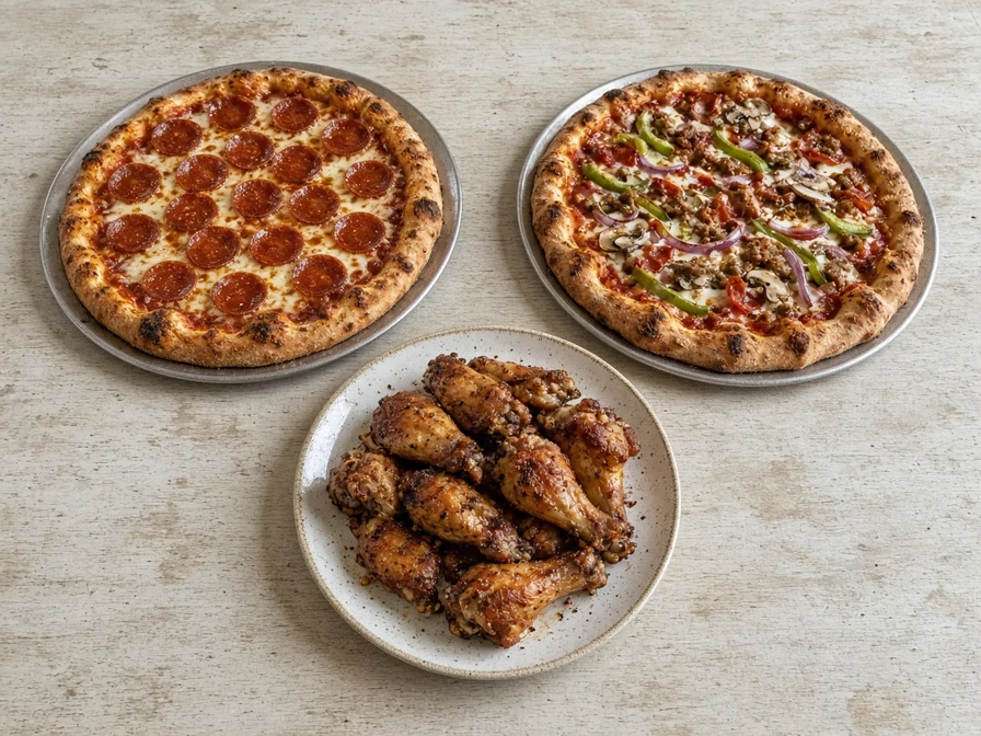 Two pizzas and chicken wings combo