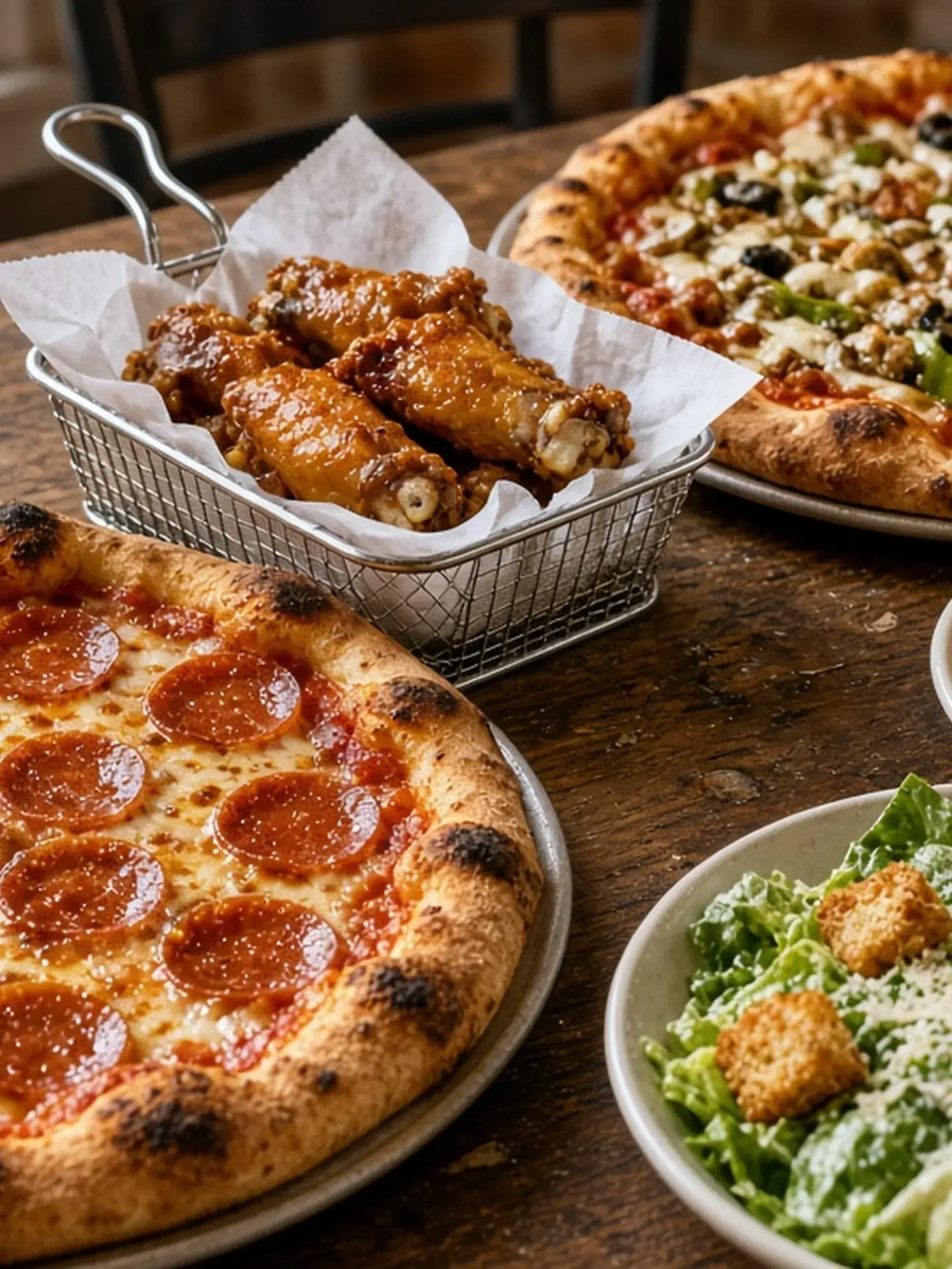 Pizzas, wings, garlic toast and Caesar salad for a group