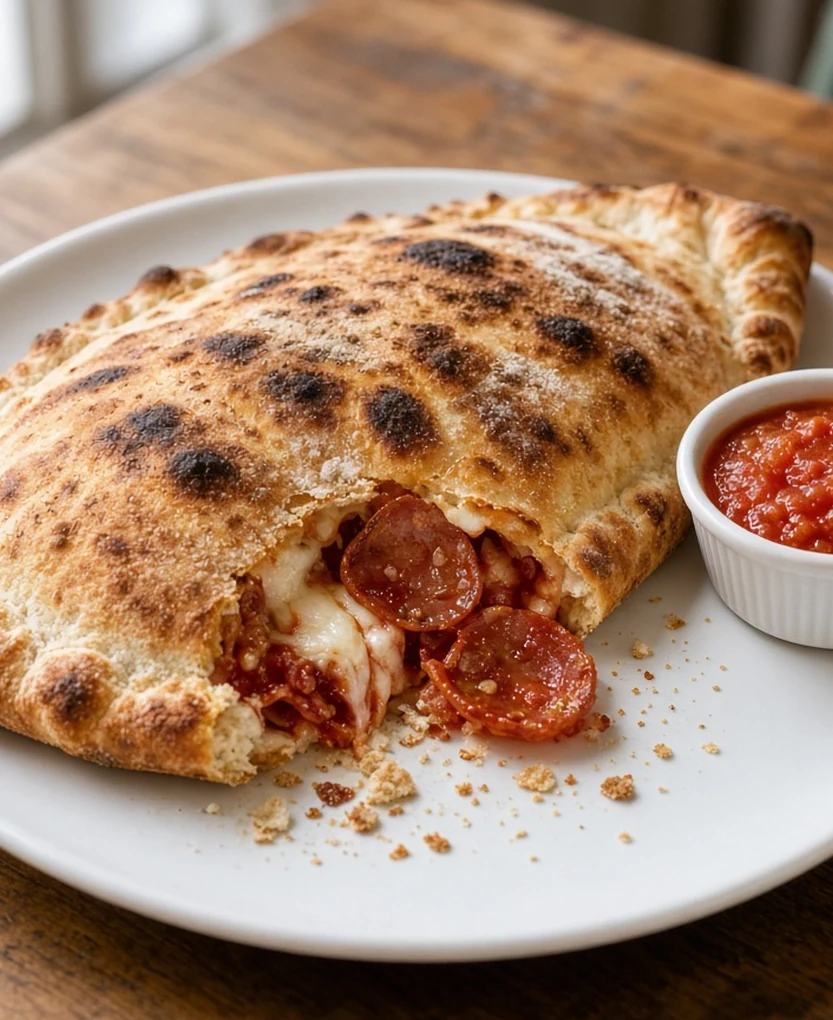 Baked calzone with tomato dipping sauce