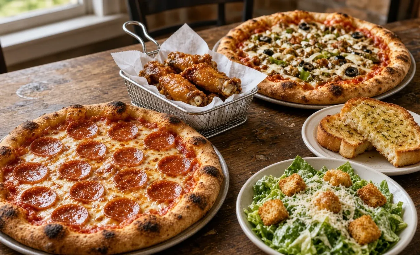 Pizza, wings, garlic toast and Caesar salad spread