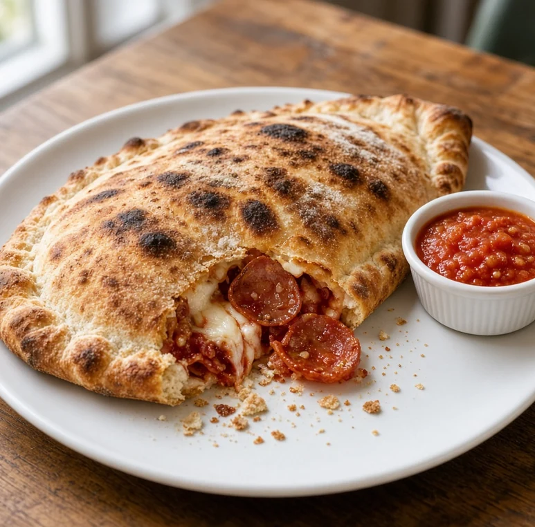 Baked calzone with tomato dipping sauce