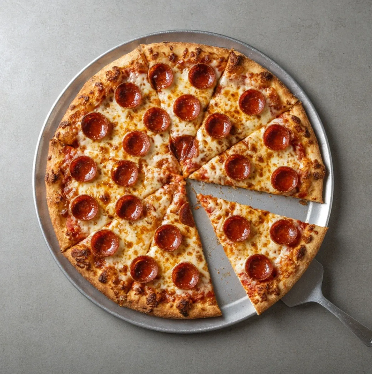 New York-style pepperoni pizza with a separated slice