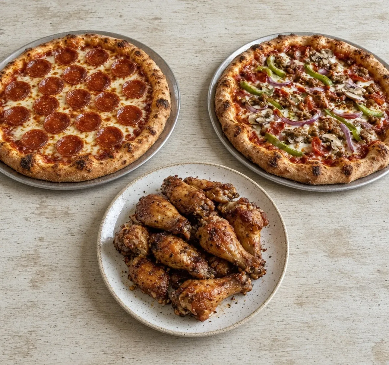 Two pizzas and chicken wings combo